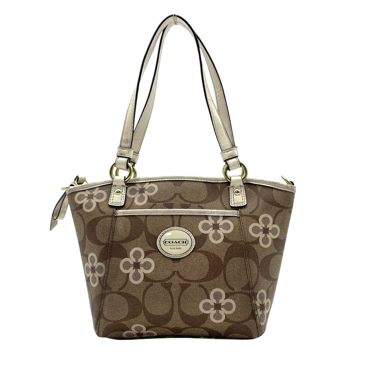 【美品】コーチ COACH 2way ショルダーバッグ F20811 シグネチャー 花柄 クローバー PVC レザー 茶 白 斜め掛け可 ワンショルダー 自立可 ビンテージ クラシック エレガント 上品 レディース お出かけ 華やか 人気 ゴールド金具 S9