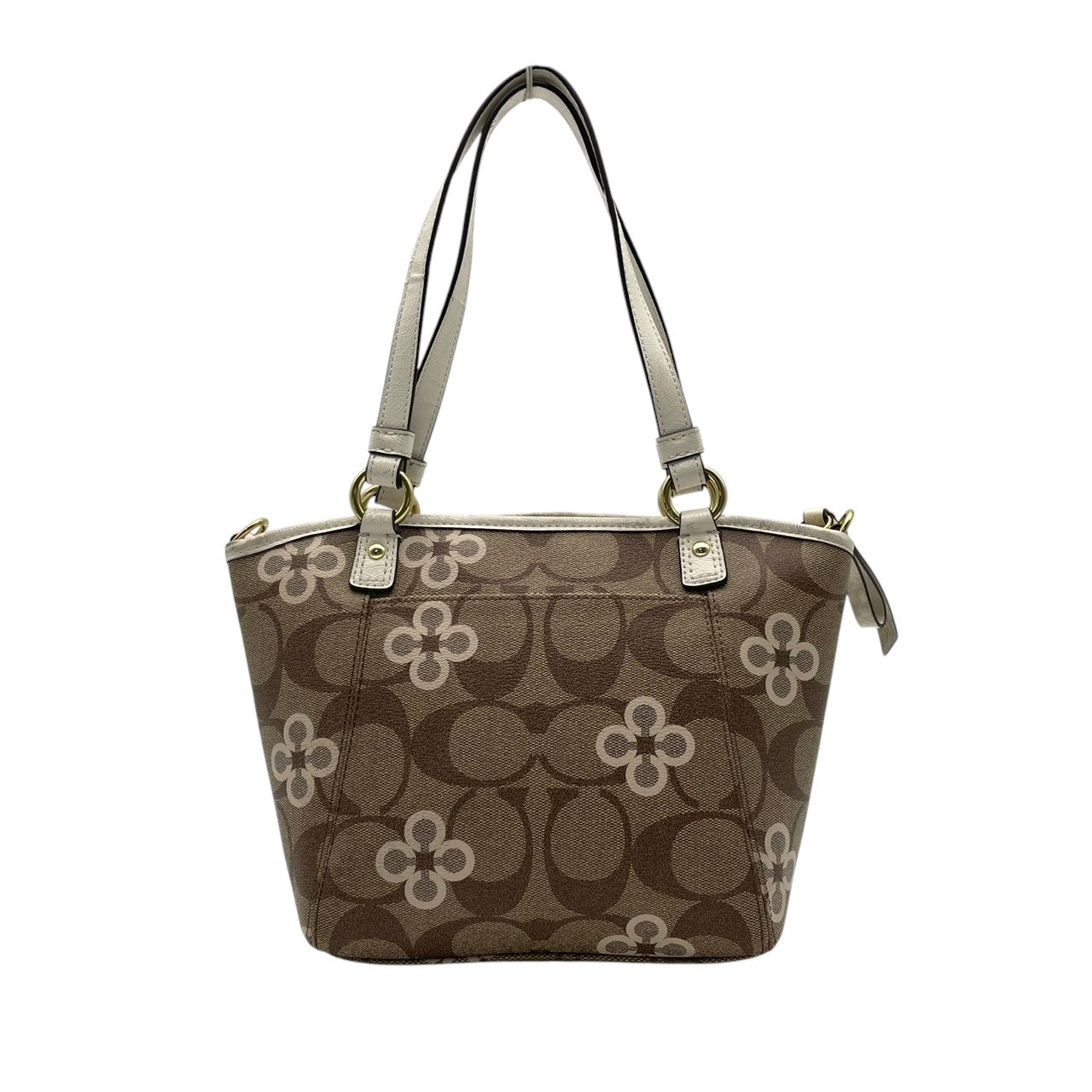 【美品】コーチ COACH 2way ショルダーバッグ F20811 シグネチャー 花柄 クローバー PVC レザー 茶 白 斜め掛け可 ワンショルダー 自立可 ビンテージ クラシック エレガント 上品 レディース お出かけ 華やか 人気 ゴールド金具 S9