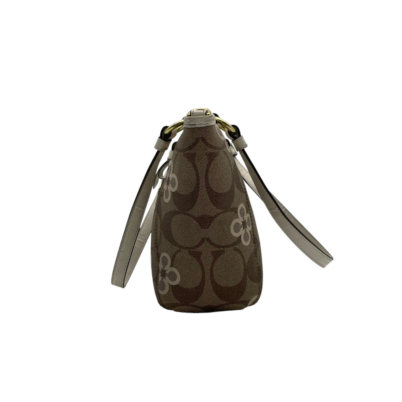 【美品】コーチ COACH 2way ショルダーバッグ F20811 シグネチャー 花柄 クローバー PVC レザー 茶 白 斜め掛け可 ワンショルダー 自立可 ビンテージ クラシック エレガント 上品 レディース お出かけ 華やか 人気 ゴールド金具 S9