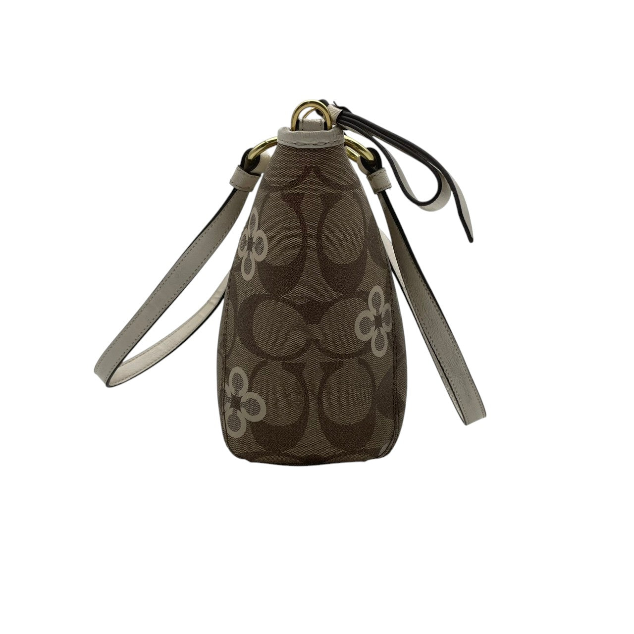【美品】コーチ COACH 2way ショルダーバッグ F20811 シグネチャー 花柄 クローバー PVC レザー 茶 白 斜め掛け可 ワンショルダー 自立可 ビンテージ クラシック エレガント 上品 レディース お出かけ 華やか 人気 ゴールド金具 S9