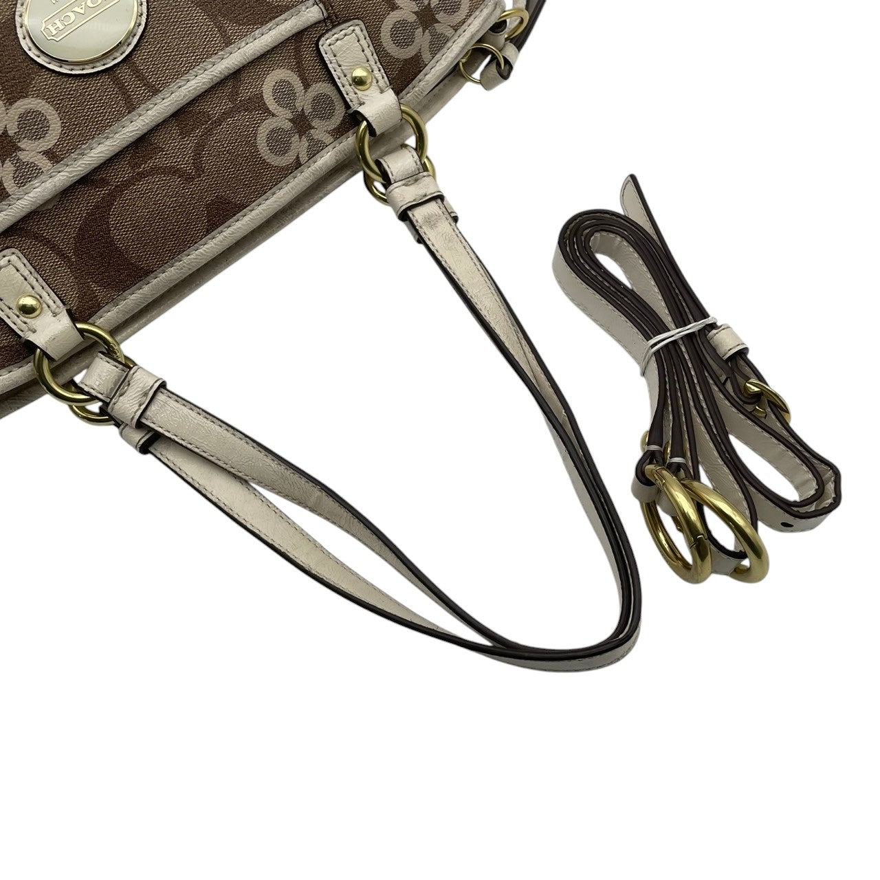 【美品】コーチ COACH 2way ショルダーバッグ F20811 シグネチャー 花柄 クローバー PVC レザー 茶 白 斜め掛け可 ワンショルダー 自立可 ビンテージ クラシック エレガント 上品 レディース お出かけ 華やか 人気 ゴールド金具 S9