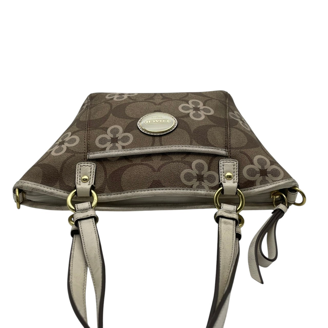 【美品】コーチ COACH 2way ショルダーバッグ F20811 シグネチャー 花柄 クローバー PVC レザー 茶 白 斜め掛け可 ワンショルダー 自立可 ビンテージ クラシック エレガント 上品 レディース お出かけ 華やか 人気 ゴールド金具 S9