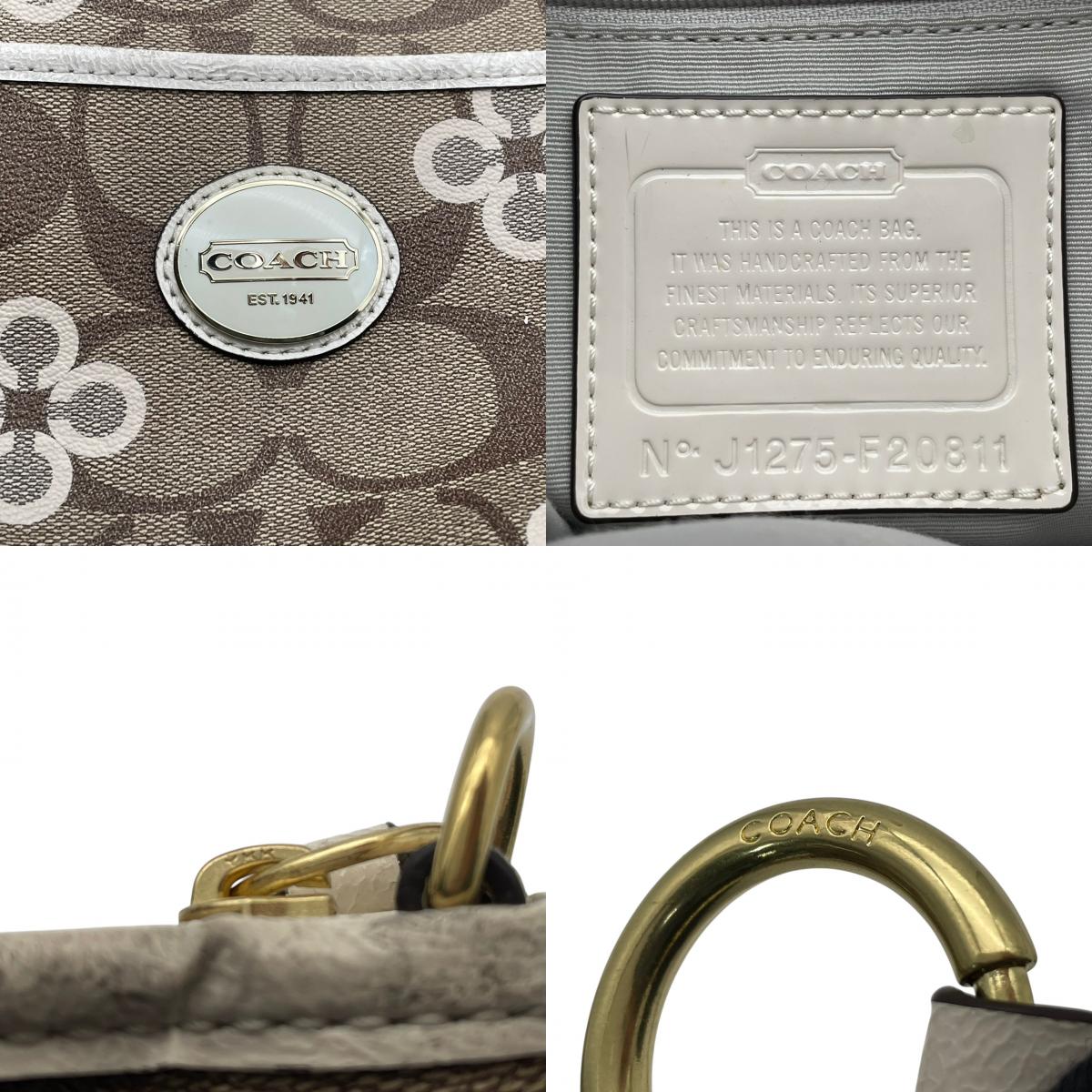【美品】コーチ COACH 2way ショルダーバッグ F20811 シグネチャー 花柄 クローバー PVC レザー 茶 白 斜め掛け可 ワンショルダー 自立可 ビンテージ クラシック エレガント 上品 レディース お出かけ 華やか 人気 ゴールド金具 S9