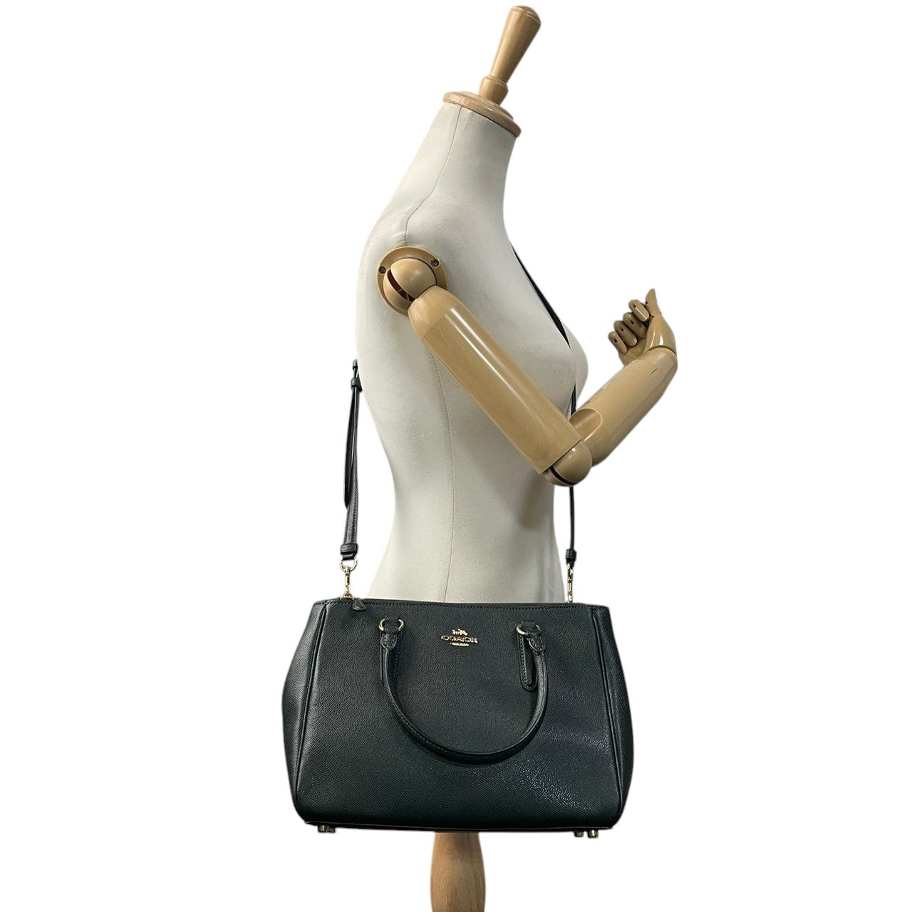 美品 コーチ COACH サリー キャリーオール F44958 2WAY ハンドバッグ ショルダーバッグ レザー 本革 ダークグリーン 緑 クラシック エレガント レディース 通勤 デイリー お出かけ カジュアル シンプル 上品 斜め掛け可 自立可 S98