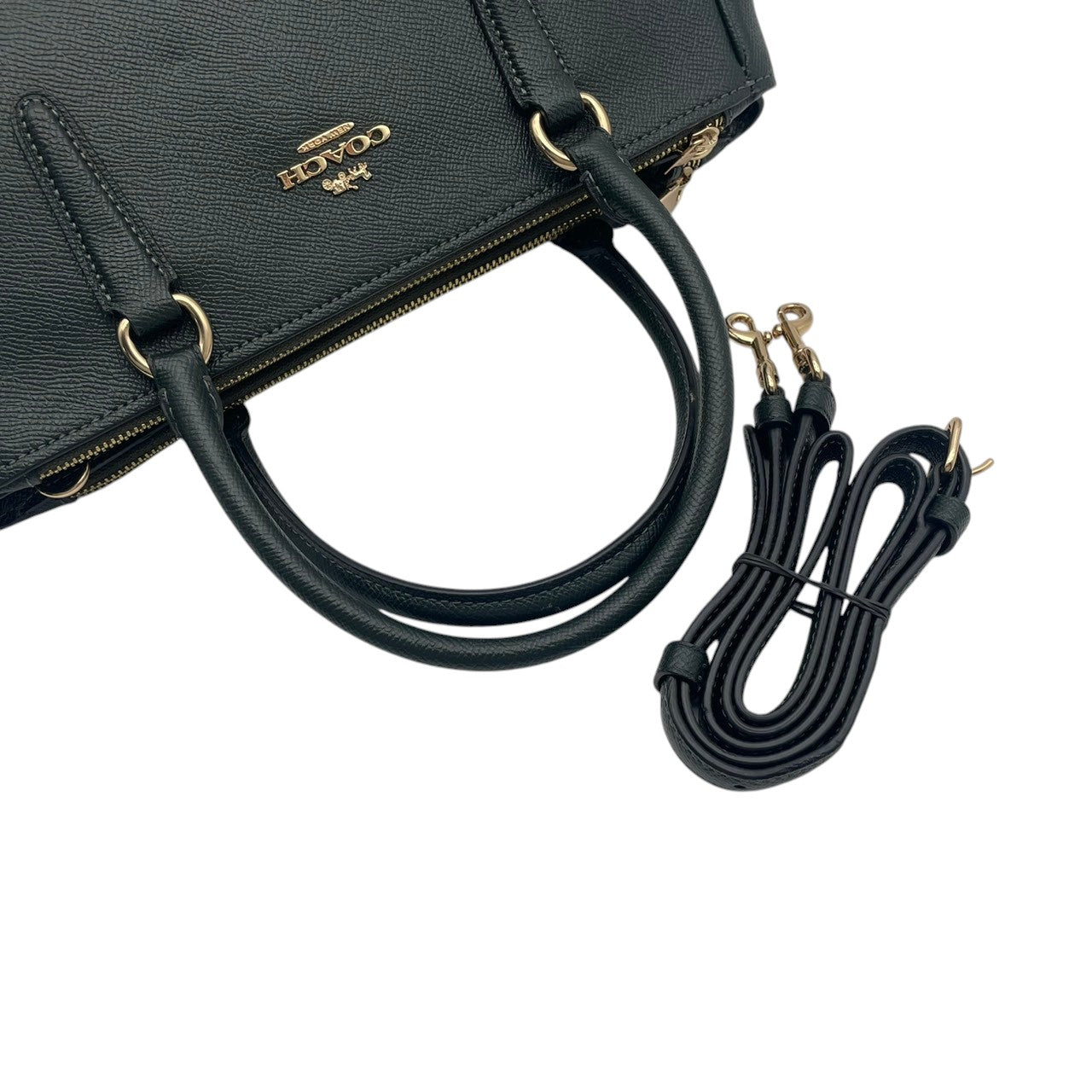 美品 コーチ COACH サリー キャリーオール F44958 2WAY ハンドバッグ ショルダーバッグ レザー 本革 ダークグリーン 緑 クラシック エレガント レディース 通勤 デイリー お出かけ カジュアル シンプル 上品 斜め掛け可 自立可 S98