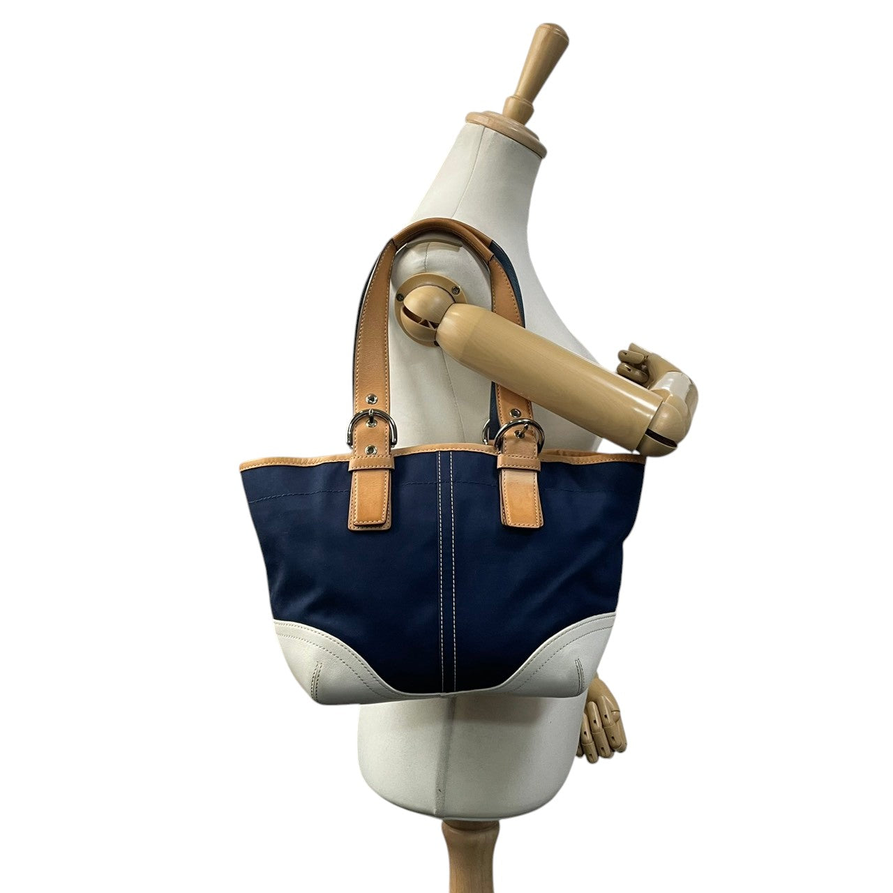 美品 コーチ COACH ソーホーツイル 4428 トートバッグ ハンドバッグ ワンショルダー 肩掛け かばん 鞄 キャンバス レザー 本革 ネイビー ホワイト バイカラー レディース クラシック エレガント シンプル 上品 大人 自立可 S98