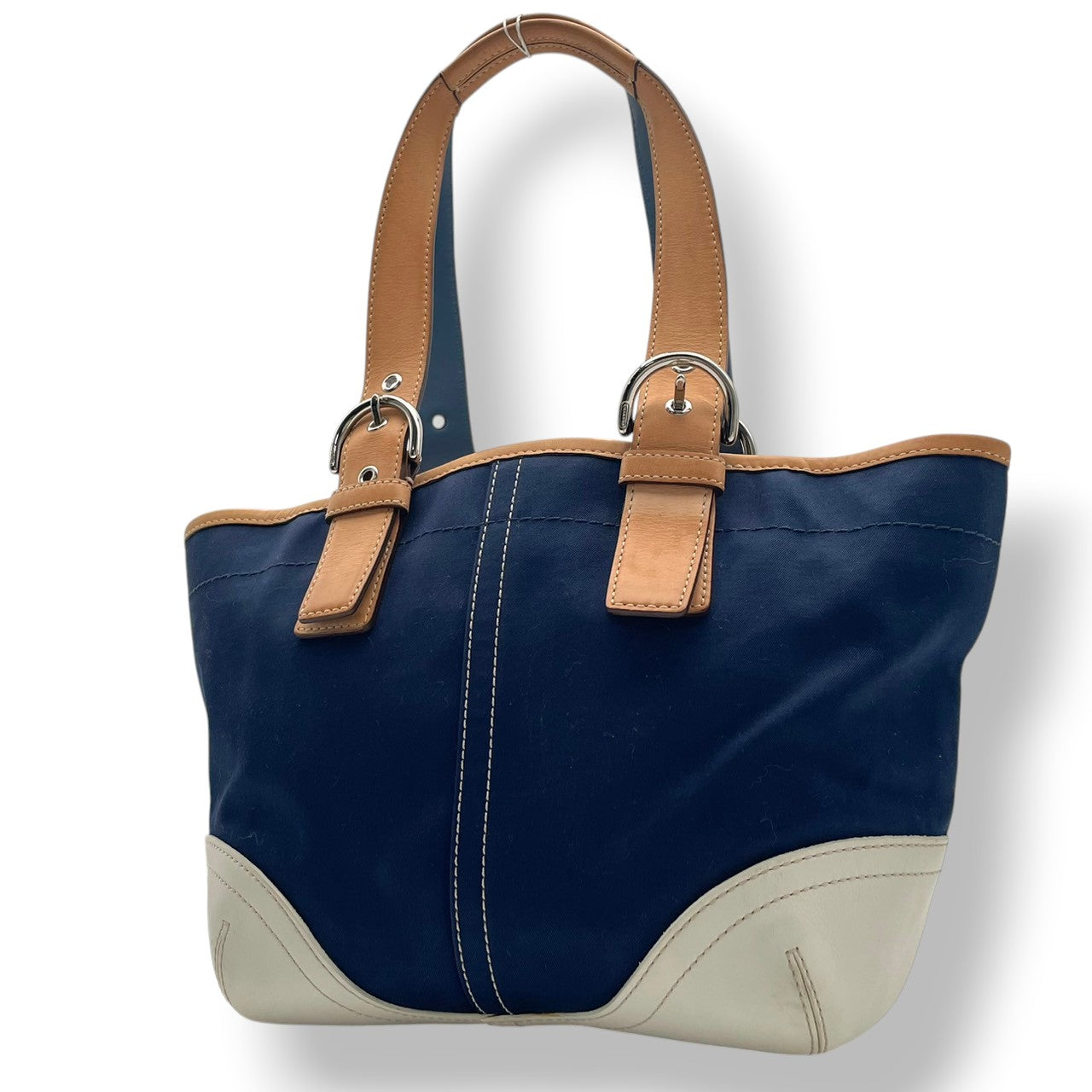 美品 コーチ COACH ソーホーツイル 4428 トートバッグ ハンドバッグ ワンショルダー 肩掛け かばん 鞄 キャンバス レザー 本革 ネイビー ホワイト バイカラー レディース クラシック エレガント シンプル 上品 大人 自立可 S98