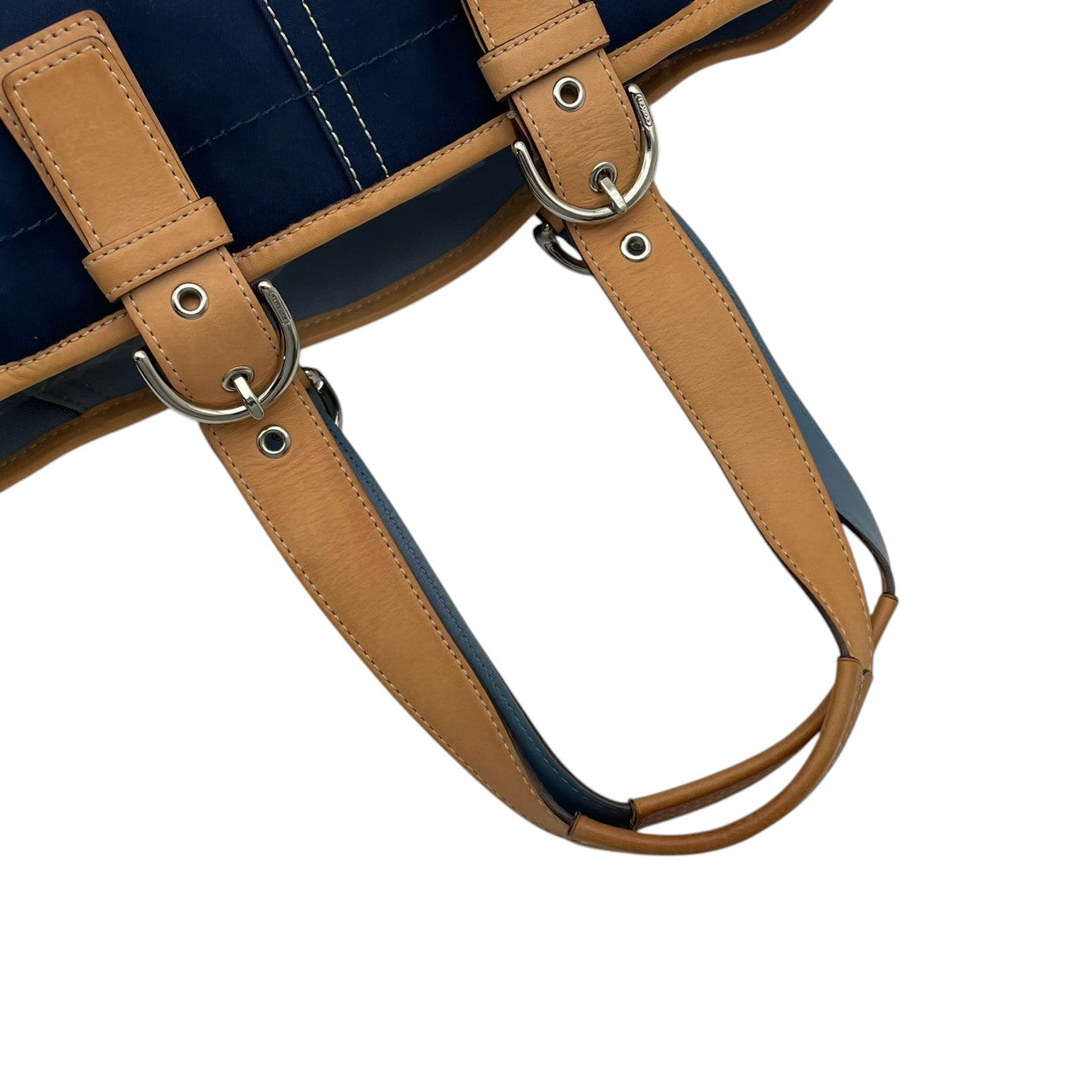美品 コーチ COACH ソーホーツイル 4428 トートバッグ ハンドバッグ ワンショルダー 肩掛け かばん 鞄 キャンバス レザー 本革 ネイビー ホワイト バイカラー レディース クラシック エレガント シンプル 上品 大人 自立可 S98