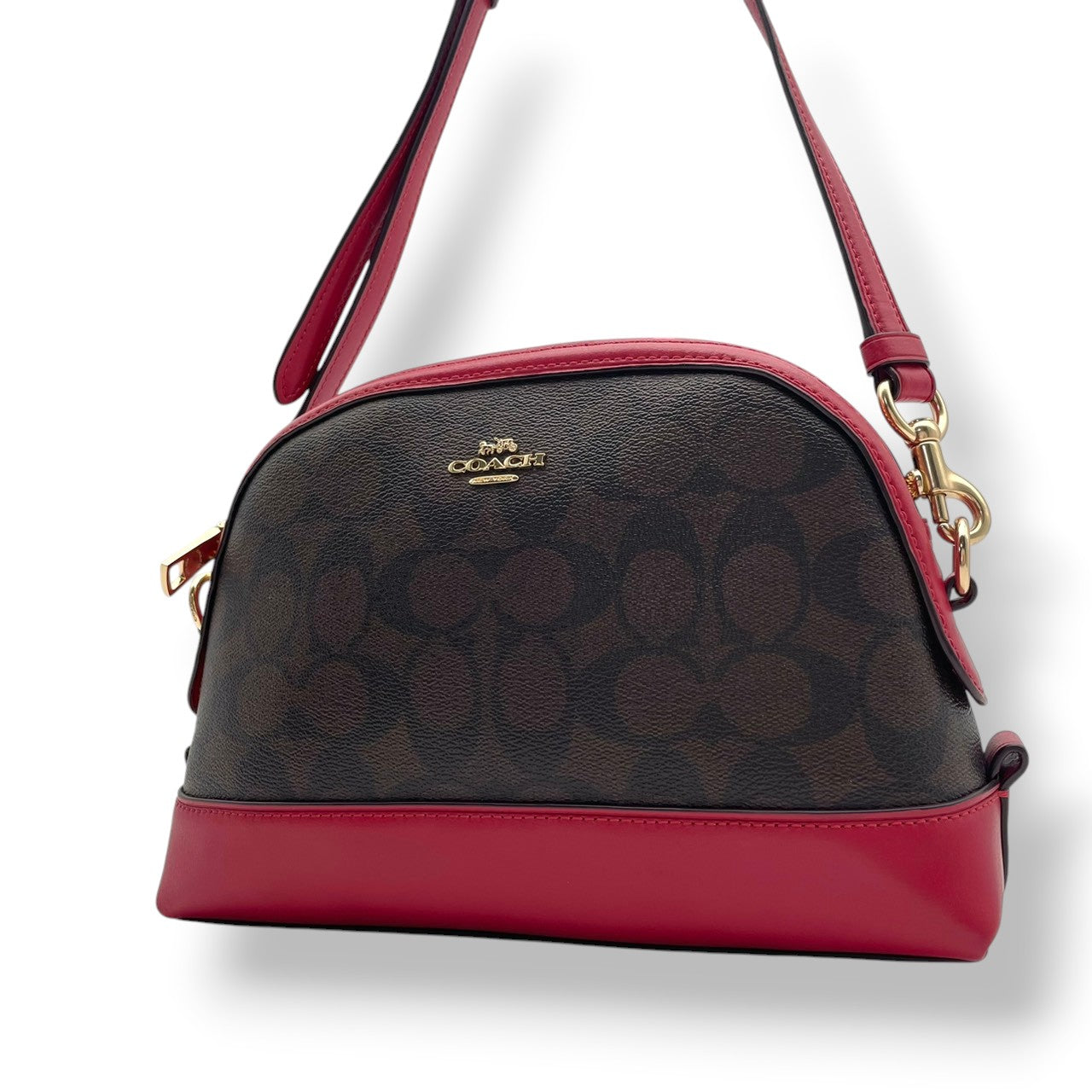 極 美品 コーチ COACH F76674 ショルダーバッグ クロスボディ ドーム型 シグネチャー PVC レザー 本革 茶 ブラウン ワインレッド ボルドー バイカラー レディース カジュアル デイリー お出かけ エレガント 上品 斜め掛け可 自立可 S98