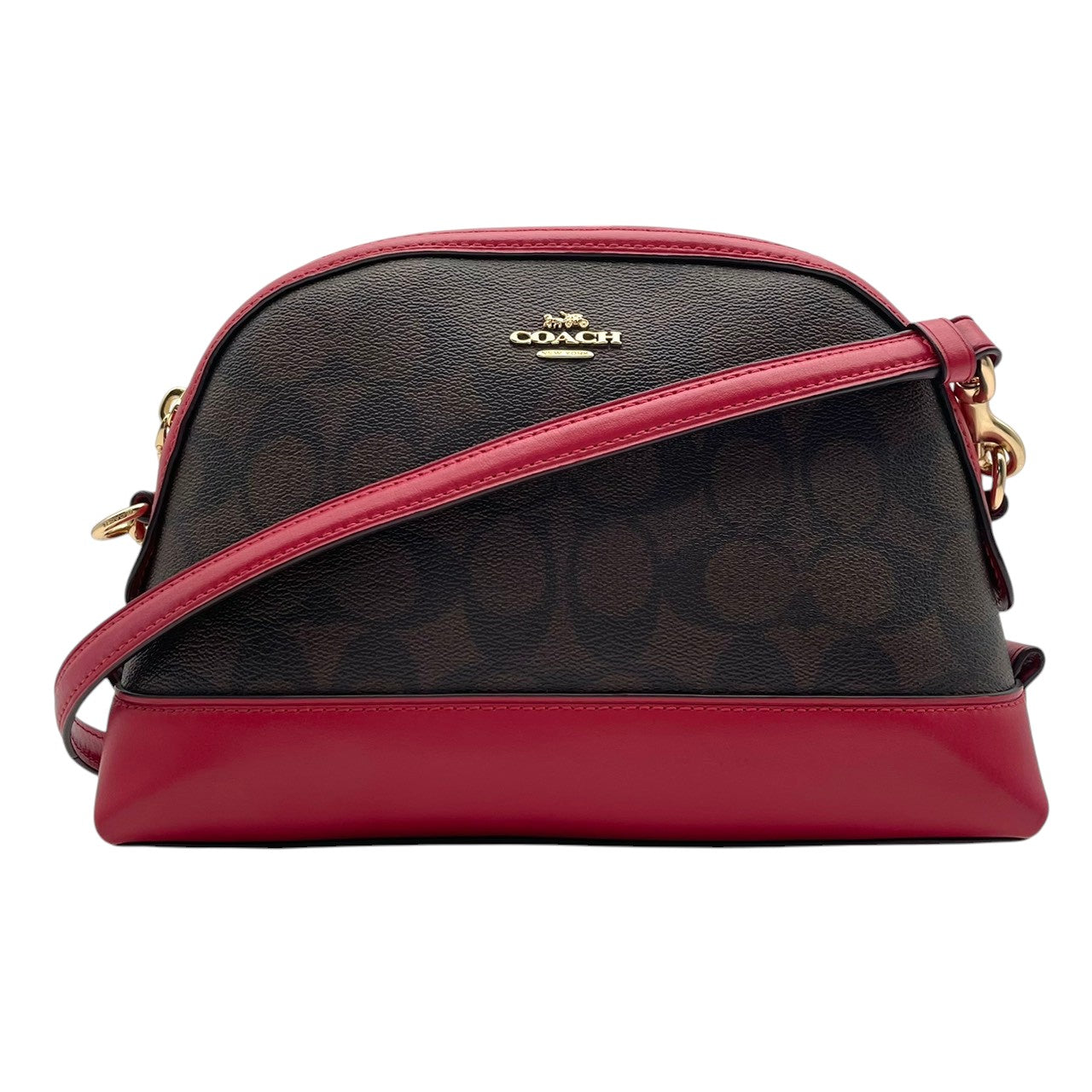 極 美品 コーチ COACH F76674 ショルダーバッグ クロスボディ ドーム型 シグネチャー PVC レザー 本革 茶 ブラウン ワインレッド ボルドー バイカラー レディース カジュアル デイリー お出かけ エレガント 上品 斜め掛け可 自立可 S98