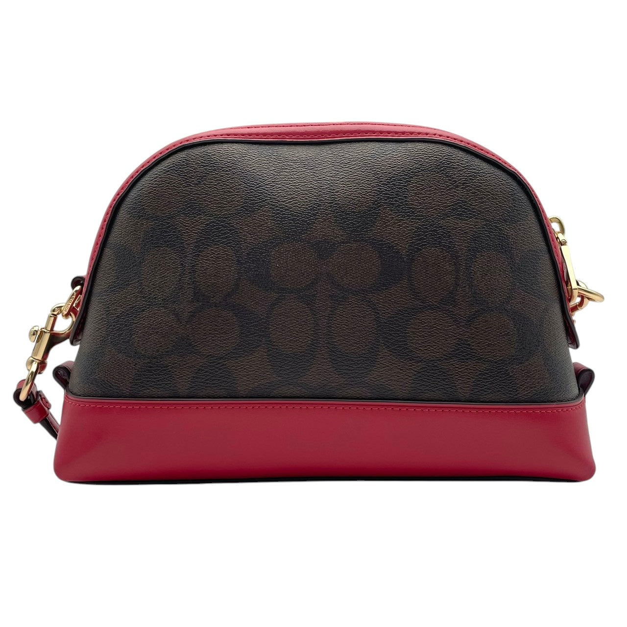 極 美品 コーチ COACH F76674 ショルダーバッグ クロスボディ ドーム型 シグネチャー PVC レザー 本革 茶 ブラウン ワインレッド ボルドー バイカラー レディース カジュアル デイリー お出かけ エレガント 上品 斜め掛け可 自立可 S98