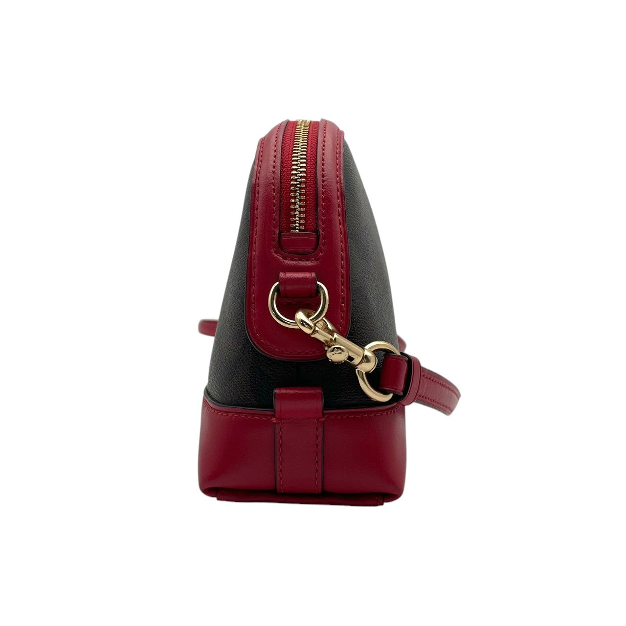 極 美品 コーチ COACH F76674 ショルダーバッグ クロスボディ ドーム型 シグネチャー PVC レザー 本革 茶 ブラウン ワインレッド ボルドー バイカラー レディース カジュアル デイリー お出かけ エレガント 上品 斜め掛け可 自立可 S98