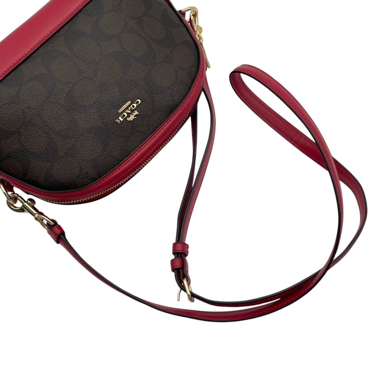 極 美品 コーチ COACH F76674 ショルダーバッグ クロスボディ ドーム型 シグネチャー PVC レザー 本革 茶 ブラウン ワインレッド ボルドー バイカラー レディース カジュアル デイリー お出かけ エレガント 上品 斜め掛け可 自立可 S98