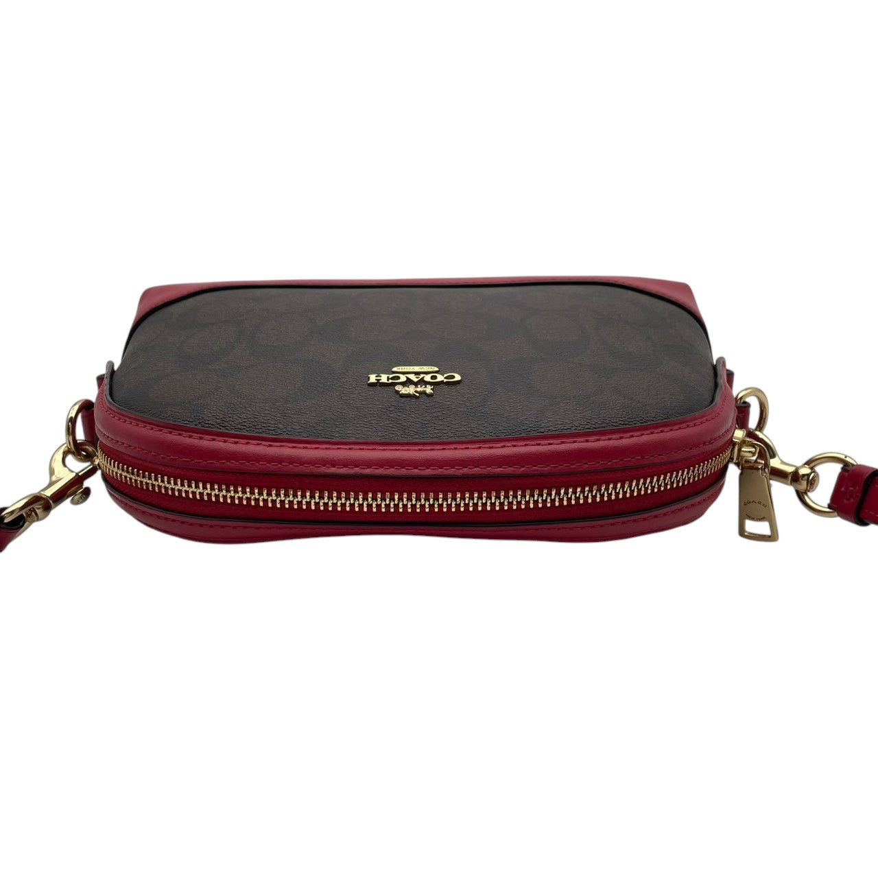 極 美品 コーチ COACH F76674 ショルダーバッグ クロスボディ ドーム型 シグネチャー PVC レザー 本革 茶 ブラウン ワインレッド ボルドー バイカラー レディース カジュアル デイリー お出かけ エレガント 上品 斜め掛け可 自立可 S98