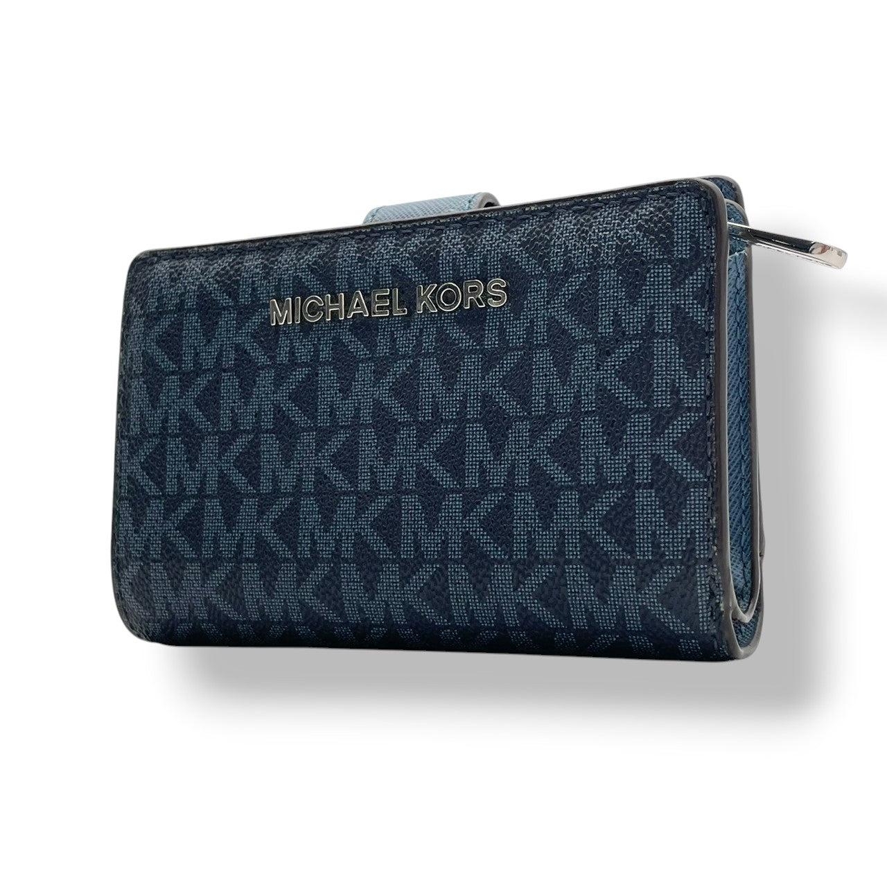 美品 マイケルコース MICHAEL KORS 二つ折り財布 折り財布 ミニ財布 ウォレット L字ファスナー コインケース パスケース付 PVC レザー ネイビー 紺 シグネチャー ジェットセット レディース エレガント クラシック 上品 通勤 通学 W6