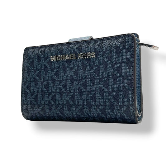 美品 マイケルコース MICHAEL KORS 二つ折り財布 折り財布 ミニ財布 ウォレット L字ファスナー コインケース パスケース付 PVC レザー ネイビー 紺 シグネチャー ジェットセット レディース エレガント クラシック 上品 通勤 通学 W6