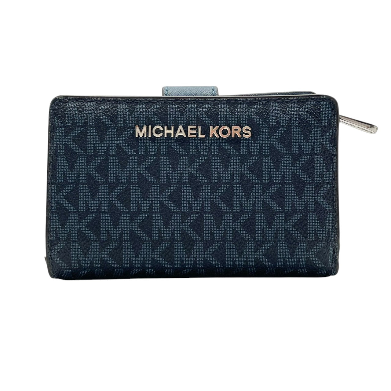 美品 マイケルコース MICHAEL KORS 二つ折り財布 折り財布 ミニ財布 ウォレット L字ファスナー コインケース パスケース付 PVC レザー ネイビー 紺 シグネチャー ジェットセット レディース エレガント クラシック 上品 通勤 通学 W6