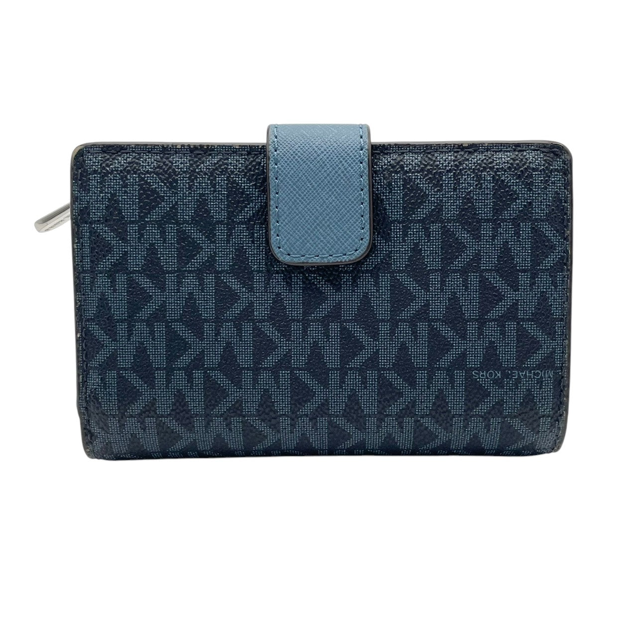 美品 マイケルコース MICHAEL KORS 二つ折り財布 折り財布 ミニ財布 ウォレット L字ファスナー コインケース パスケース付 PVC レザー ネイビー 紺 シグネチャー ジェットセット レディース エレガント クラシック 上品 通勤 通学 W6