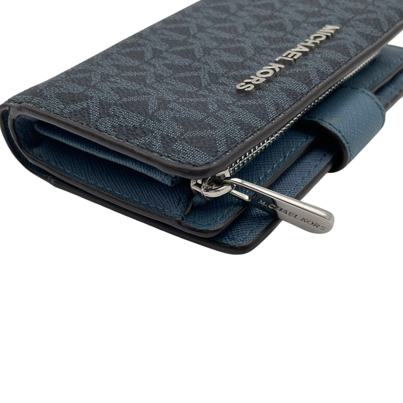 美品 マイケルコース MICHAEL KORS 二つ折り財布 折り財布 ミニ財布 ウォレット L字ファスナー コインケース パスケース付 PVC レザー ネイビー 紺 シグネチャー ジェットセット レディース エレガント クラシック 上品 通勤 通学 W6