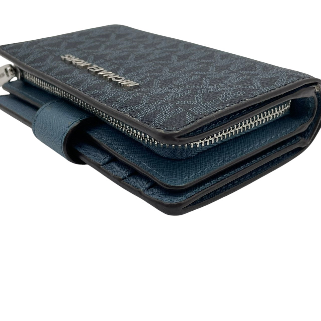 美品 マイケルコース MICHAEL KORS 二つ折り財布 折り財布 ミニ財布 ウォレット L字ファスナー コインケース パスケース付 PVC レザー ネイビー 紺 シグネチャー ジェットセット レディース エレガント クラシック 上品 通勤 通学 W6