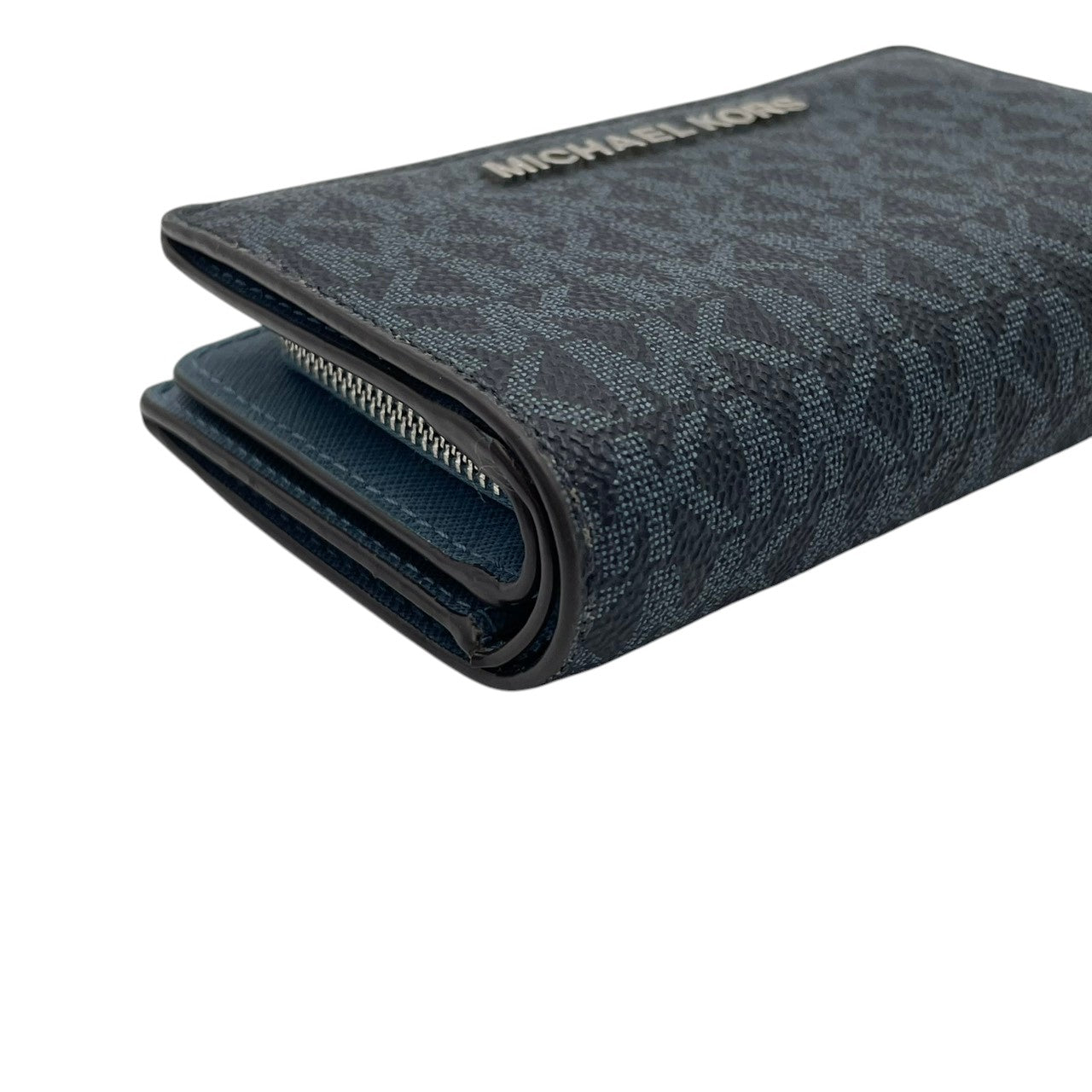 美品 マイケルコース MICHAEL KORS 二つ折り財布 折り財布 ミニ財布 ウォレット L字ファスナー コインケース パスケース付 PVC レザー ネイビー 紺 シグネチャー ジェットセット レディース エレガント クラシック 上品 通勤 通学 W6