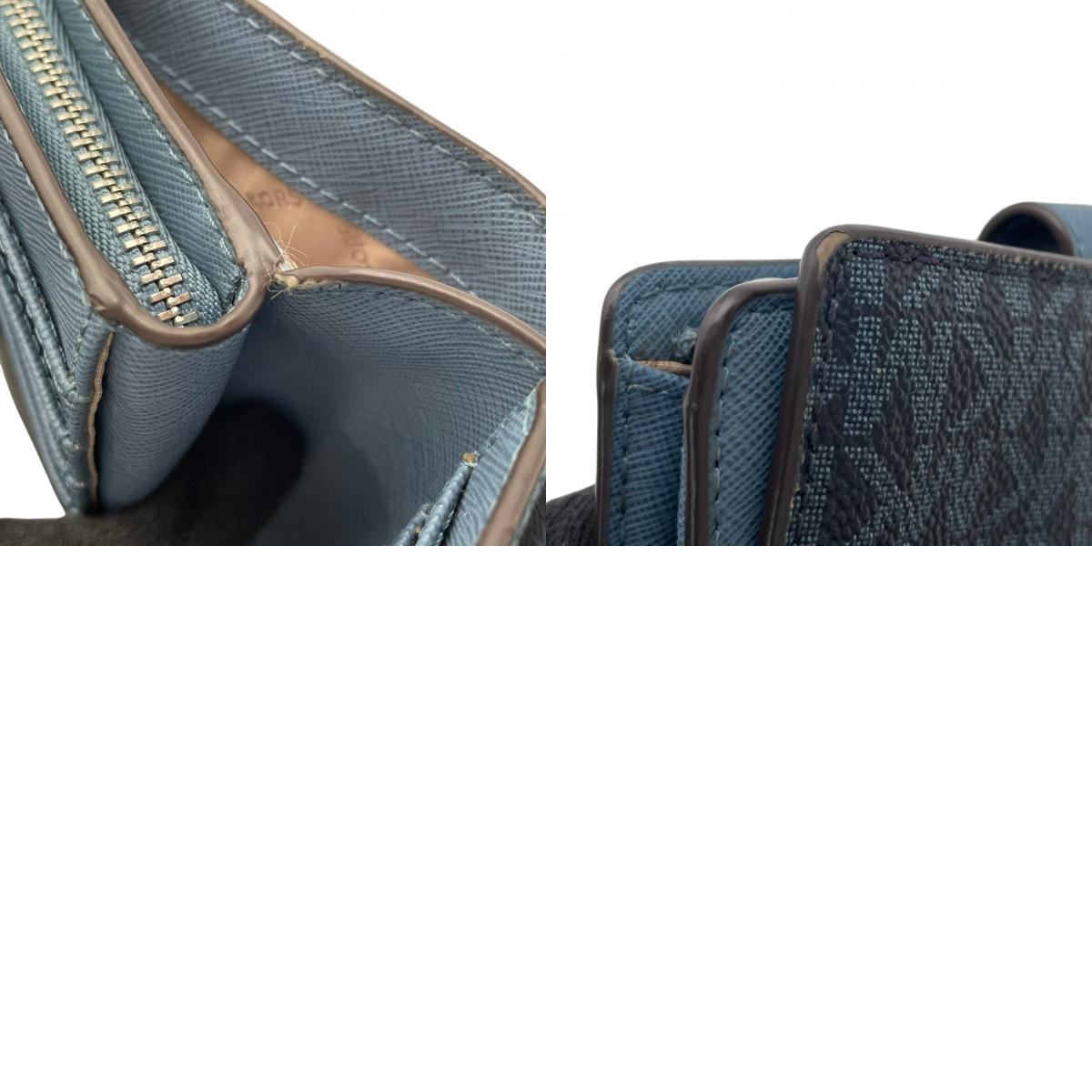 美品 マイケルコース MICHAEL KORS 二つ折り財布 折り財布 ミニ財布 ウォレット L字ファスナー コインケース パスケース付 PVC レザー ネイビー 紺 シグネチャー ジェットセット レディース エレガント クラシック 上品 通勤 通学 W6