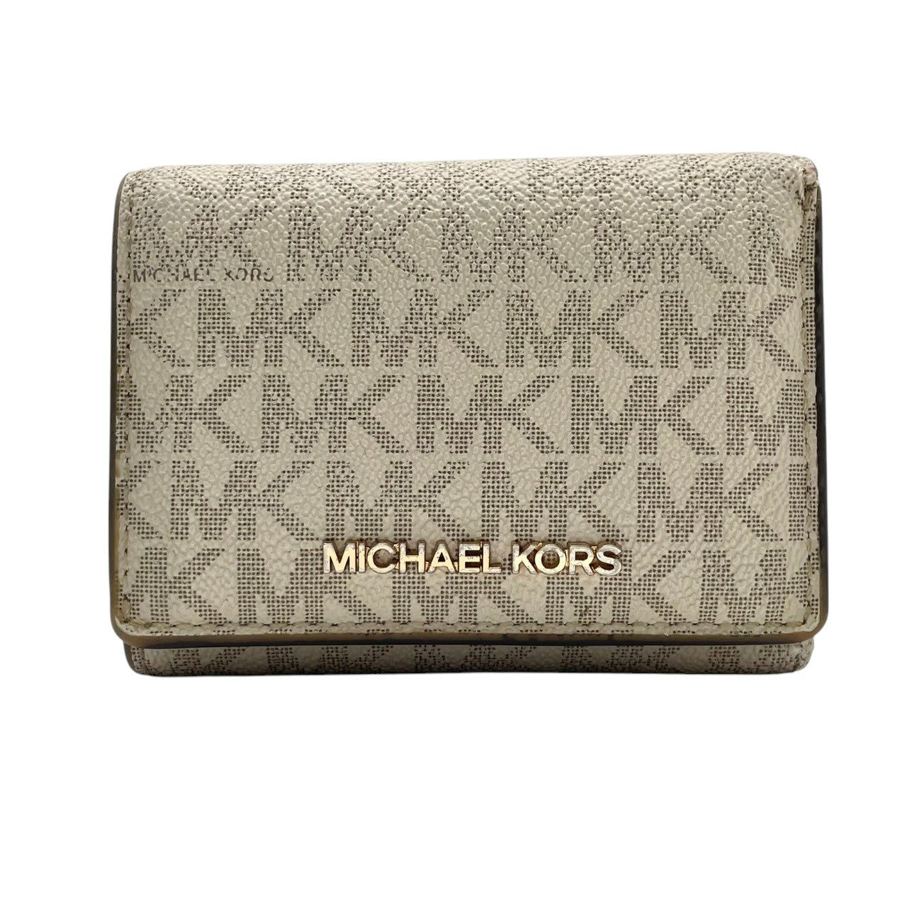 良品 マイケルコース MICHAEL KORS 三つ折り財布 折り財布 ミニ財布 コンパクトウォレット トライフォールド PVC レザー 本革 アイボリー 白 シグネチャー レディース エレガント クラシック カジュアル デイリー 通勤 通学 お出かけ W6