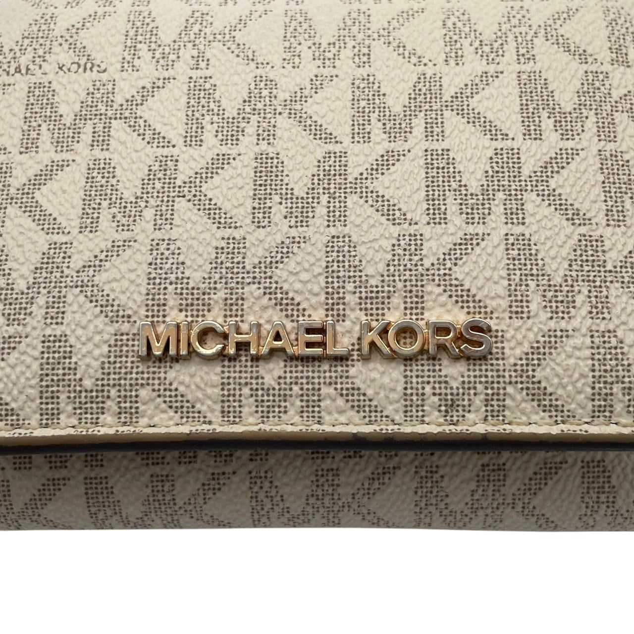 良品 マイケルコース MICHAEL KORS 三つ折り財布 折り財布 ミニ財布 コンパクトウォレット トライフォールド PVC レザー 本革 アイボリー 白 シグネチャー レディース エレガント クラシック カジュアル デイリー 通勤 通学 お出かけ W6