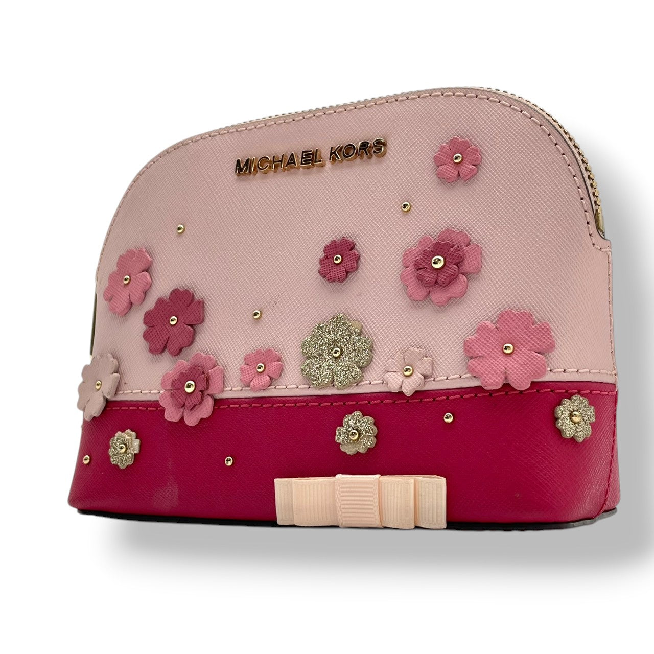 美品 マイケルコース MICHAEL KORS 35S8GY3T3U ポーチ コスメポーチ 小物入れ PVC レザー 本革 ピンク バイカラー フラワー アップリケ リボン レディース エレガント キュート カジュアル デイリー トラベル 旅行 M5