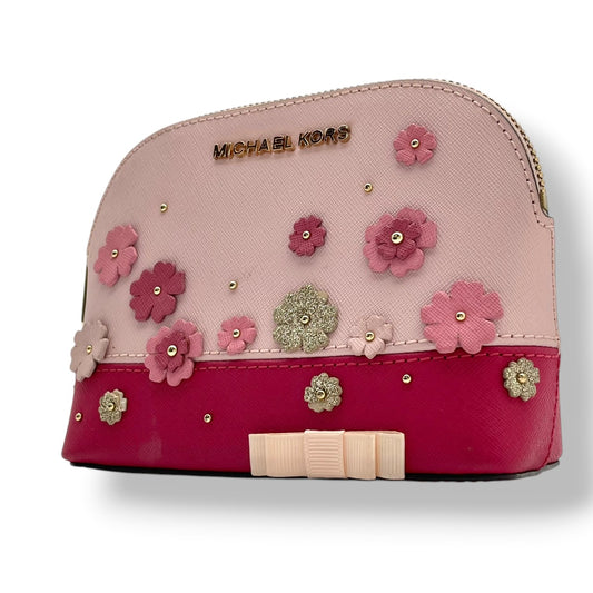 美品 マイケルコース MICHAEL KORS 35S8GY3T3U ポーチ コスメポーチ 小物入れ PVC レザー 本革 ピンク バイカラー フラワー アップリケ リボン レディース エレガント キュート カジュアル デイリー トラベル 旅行 M5