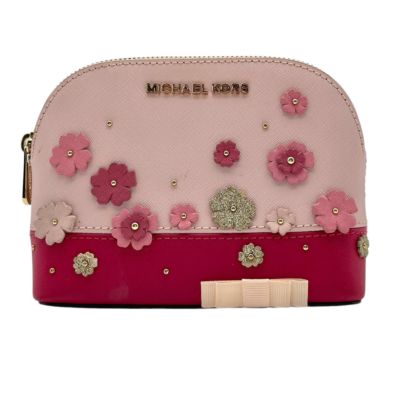 美品 マイケルコース MICHAEL KORS 35S8GY3T3U ポーチ コスメポーチ 小物入れ PVC レザー 本革 ピンク バイカラー フラワー アップリケ リボン レディース エレガント キュート カジュアル デイリー トラベル 旅行 M5