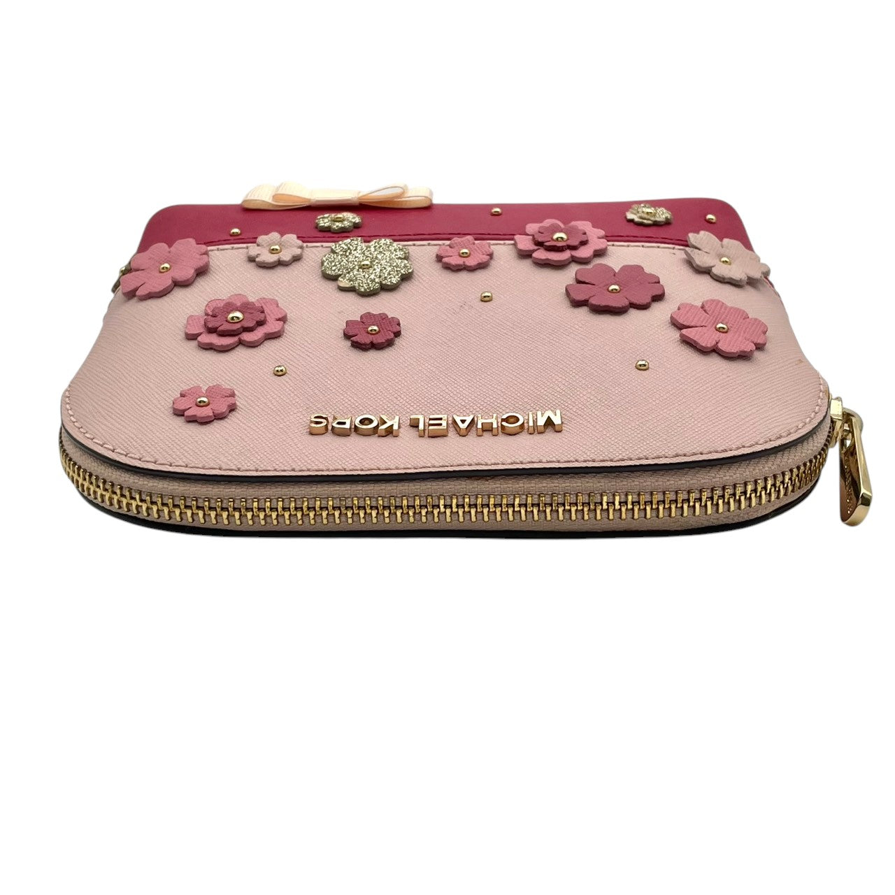 美品 マイケルコース MICHAEL KORS 35S8GY3T3U ポーチ コスメポーチ 小物入れ PVC レザー 本革 ピンク バイカラー フラワー アップリケ リボン レディース エレガント キュート カジュアル デイリー トラベル 旅行 M5