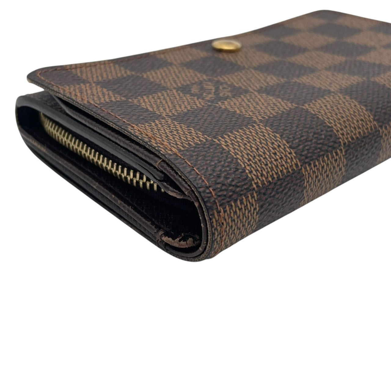ルイヴィトン 二つ折り財布 ポルトモネ ビエ トレゾール ダミエ エベヌ N61730 L字ファスナー コンパクトウォレット PVC レザー ブラウン 茶 ゴールド金具 ABランク 中古 美品 レディース 男女兼用 鑑定済 人気 定番 W1