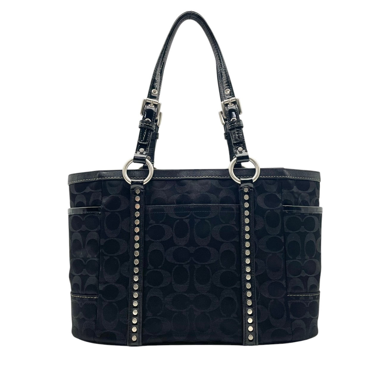 【美品】 コーチ COACH シグネチャー トートバッグ ショルダーバッグ スタッズ キャンバス レザー A4収納可能 肩掛け ワンショルダー ブラック 黒 通勤 通学 ビンテージ クラシック エレガント シック 上品 鞄 レディース F12853 S57