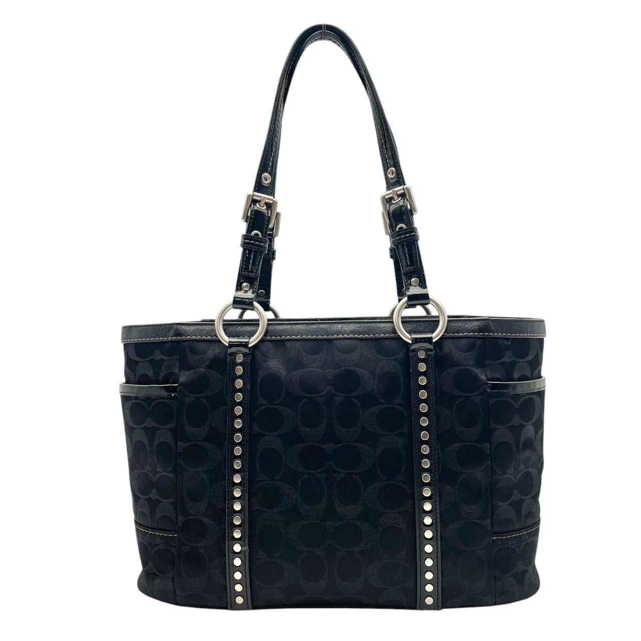 【美品】 コーチ COACH シグネチャー トートバッグ ショルダーバッグ スタッズ キャンバス レザー A4収納可能 肩掛け ワンショルダー ブラック 黒 通勤 通学 ビンテージ クラシック エレガント シック 上品 鞄 レディース F12853 S57