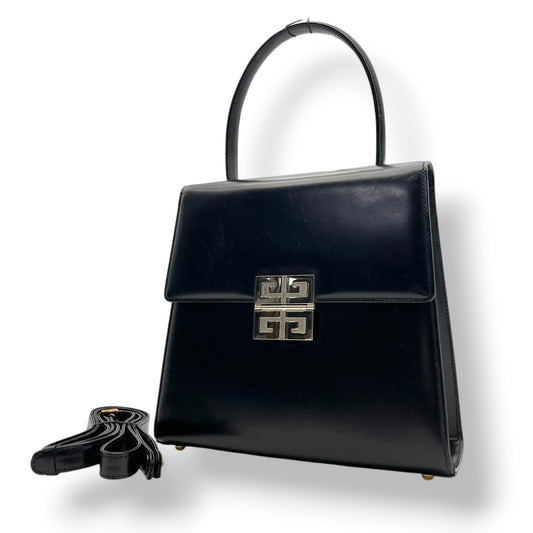 【良品】 ジバンシー GIVENCHY 2WAY ハンドバッグ ショルダーバッグ レザー 本革 ブラック 黒 ゴールド金具 ロゴプレート 斜め掛け可 肩掛け 自立可 ビンテージ クラシック エレガントレディース お出かけ デイリー 冠婚葬祭 人気 S58