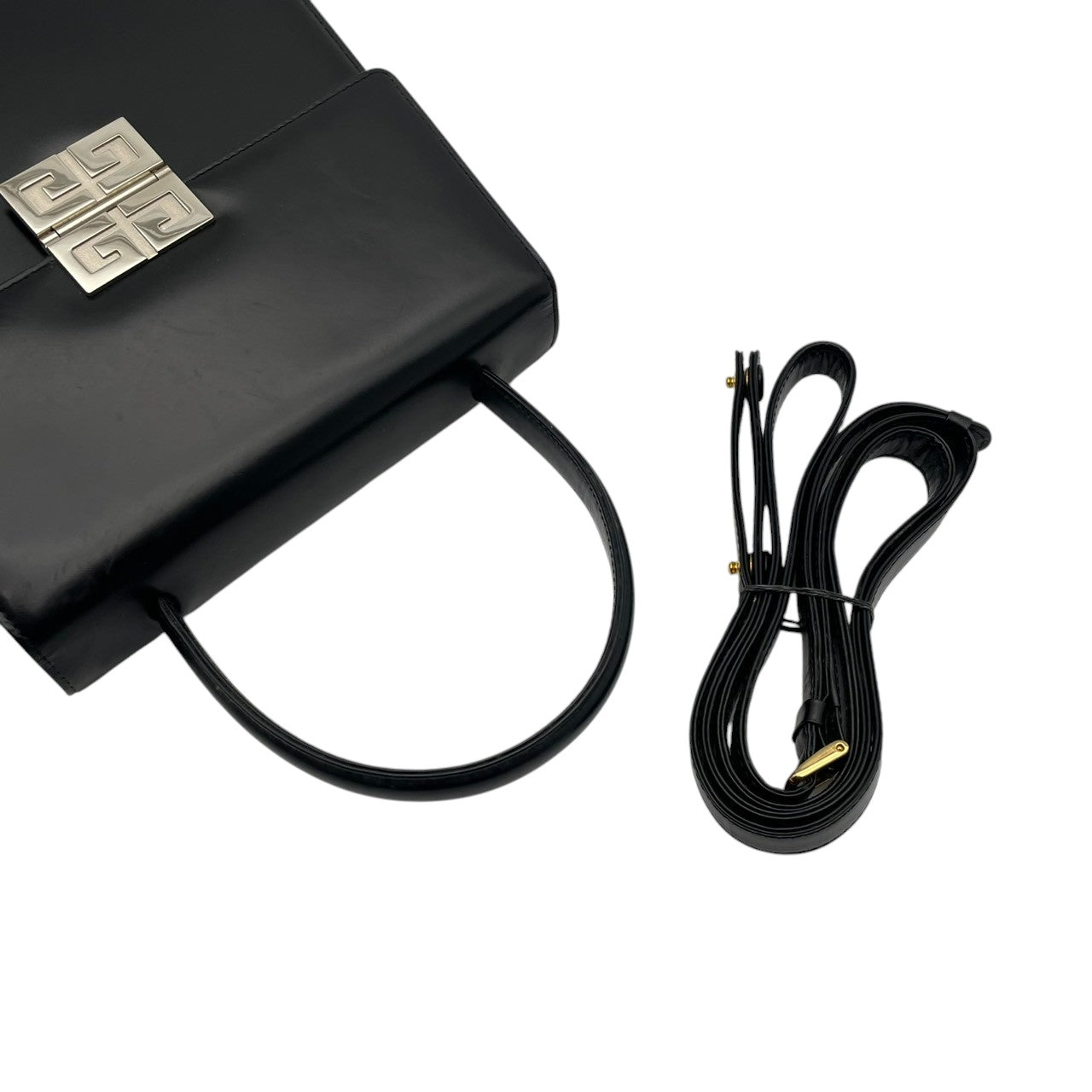 【良品】 ジバンシー GIVENCHY 2WAY ハンドバッグ ショルダーバッグ レザー 本革 ブラック 黒 ゴールド金具 ロゴプレート 斜め掛け可 肩掛け 自立可 ビンテージ クラシック エレガントレディース お出かけ デイリー 冠婚葬祭 人気 S58