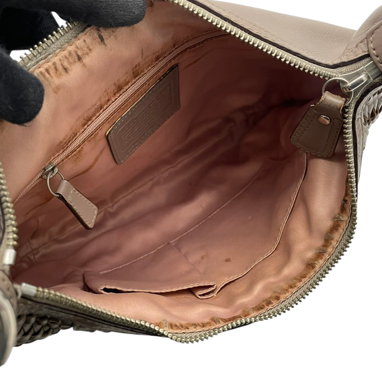 【良品】コーチ COACH 19314 マディソン レザー ウーブン リンジー ショルダーバッグ イントレチャート 編み込み グレー ワンショルダー 斜め掛け可 ビンテージ クラシック エレガント 上品 高級感 レディース 通勤 通学 お出かけ S58