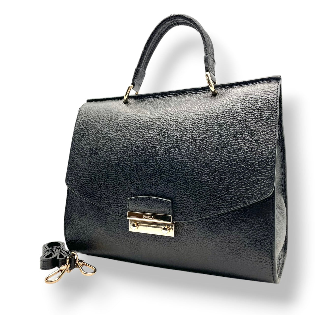 【美品】フルラ FURLA ハンドバッグ ショルダーバッグ 2WAY 本革 レザー ブラック 黒 ゴールド金具 自立可 エレガント ビンテージ クラシック 上品 高級感 通勤 通学 お出かけ 冠婚葬祭 フォーマル 人気 定番 S66