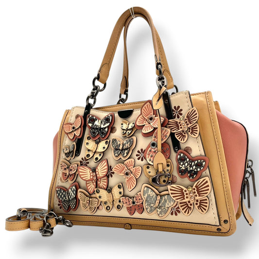 美品 コーチ COACH ドリーマー 2way ショルダーバッグ ハンドバッグ 69553 バタフライ アップリケ レザー 本革 アイボリー ピンク 肩掛け 斜め掛け可 チャーム 通勤 通学 旅行 エレガント クラシカル ビンテージ 希少 ブランド 鞄 S66