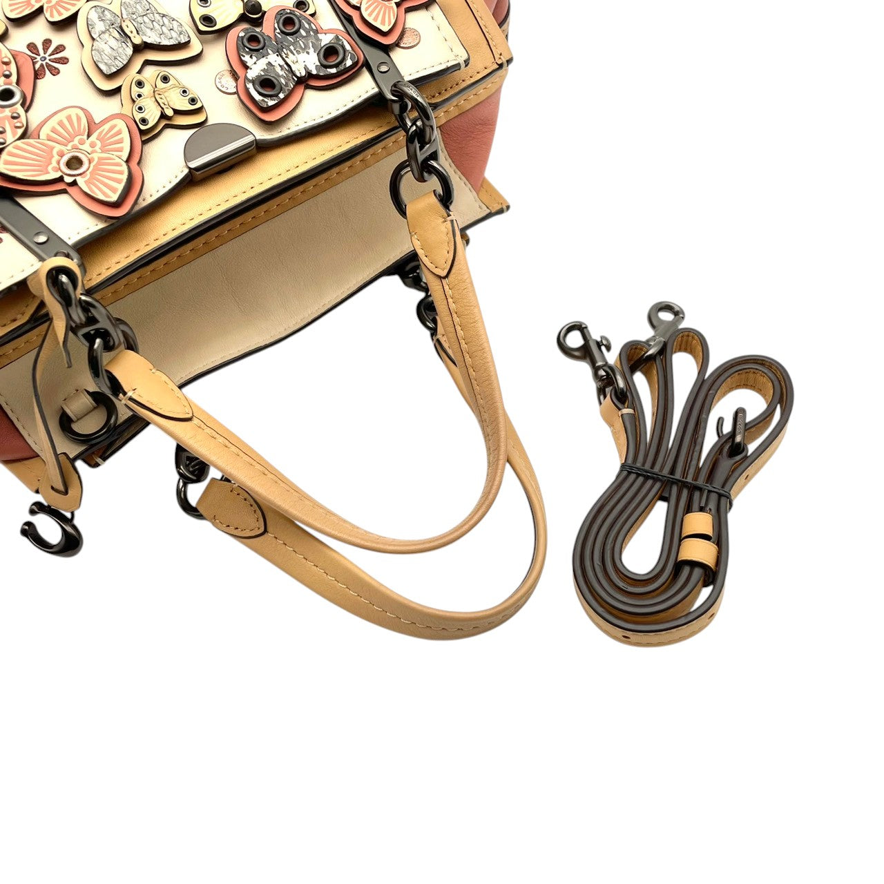 美品 コーチ COACH ドリーマー 2way ショルダーバッグ ハンドバッグ 69553 バタフライ アップリケ レザー 本革 アイボリー ピンク 肩掛け 斜め掛け可 チャーム 通勤 通学 旅行 エレガント クラシカル ビンテージ 希少 ブランド 鞄 S66