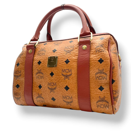 【美品】エムシーエム MCM ハンドバッグ ミニボストンバッグ ヴィセトス モノグラム レザー 本革 ブラウン コニャック ゴールド金具 ロゴ ヴィンテージ ビンテージ クラシック エレガント 希少 レア 自立可 鞄 カバン レディース お出かけ S68