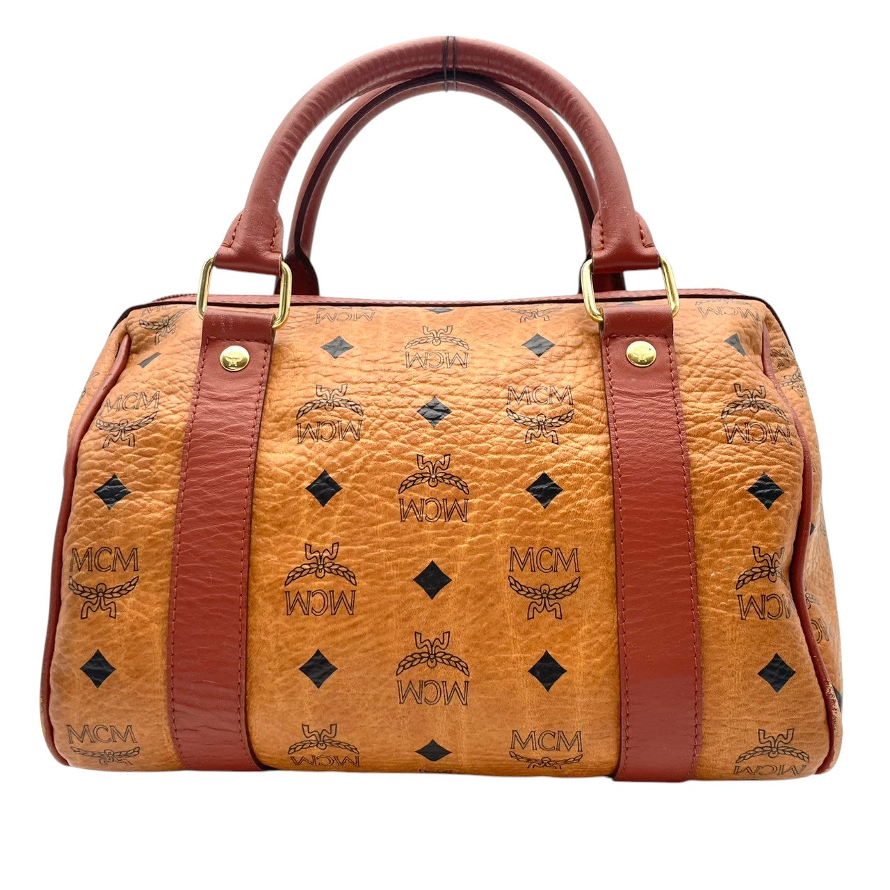 【美品】エムシーエム MCM ハンドバッグ ミニボストンバッグ ヴィセトス モノグラム レザー 本革 ブラウン コニャック ゴールド金具 ロゴ ヴィンテージ ビンテージ クラシック エレガント 希少 レア 自立可 鞄 カバン レディース お出かけ S68