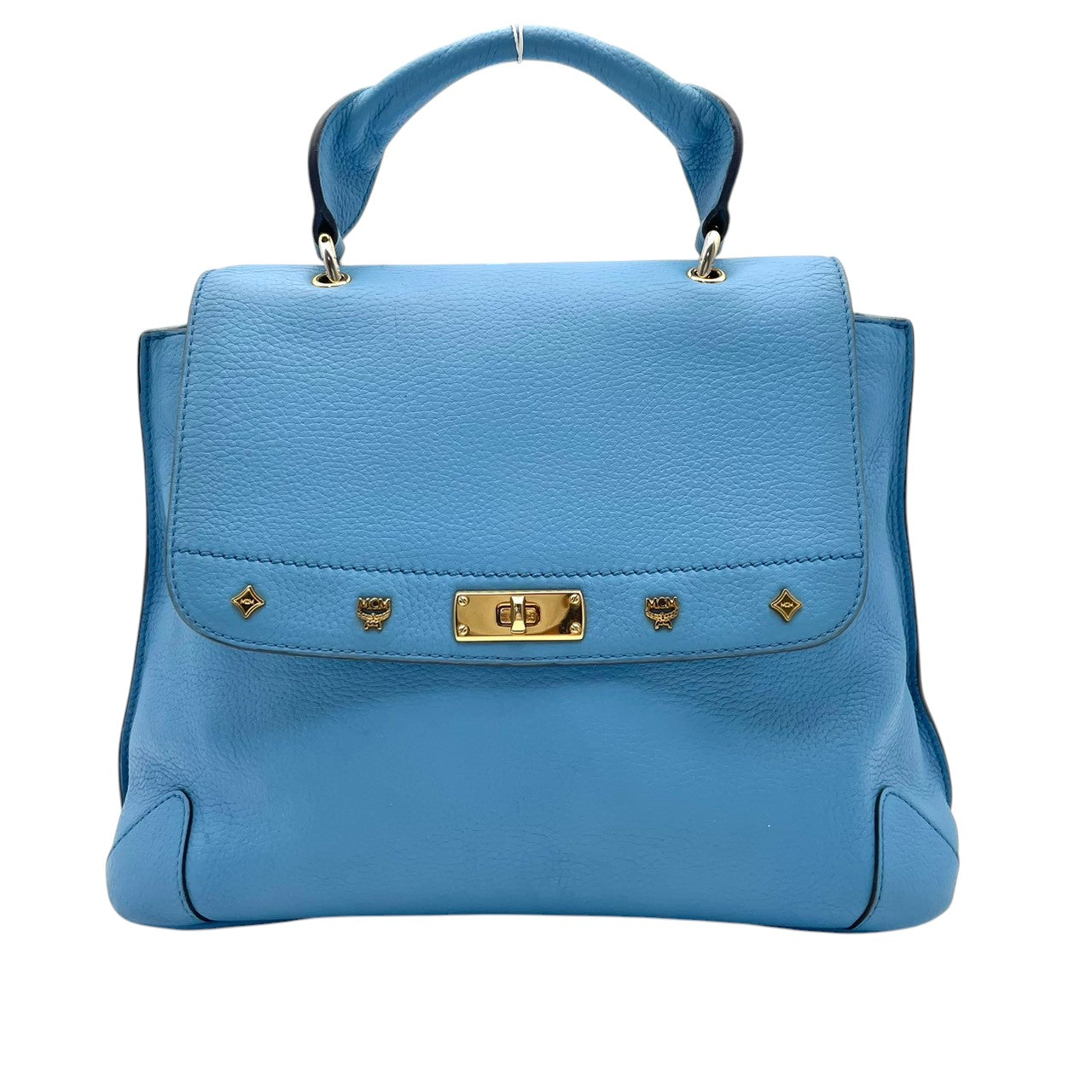 【美品】エムシーエム MCM 2way ハンドバッグ ショルダーバッグ 斜め掛け可 レザー 本革 水色 ライトブルー シルバー金具 ロゴプレート ヴィンテージ ビンテージ クラシック エレガント 上品 鞄 レディース お出かけ 通勤 通学 大容量 S68