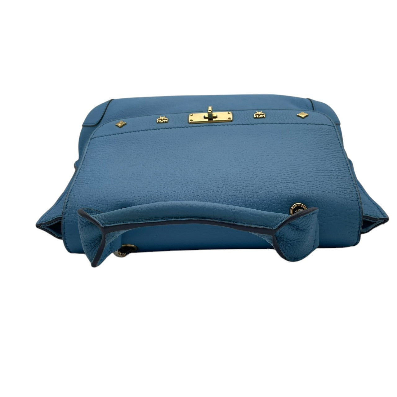 【美品】エムシーエム MCM 2way ハンドバッグ ショルダーバッグ 斜め掛け可 レザー 本革 水色 ライトブルー シルバー金具 ロゴプレート ヴィンテージ ビンテージ クラシック エレガント 上品 鞄 レディース お出かけ 通勤 通学 大容量 S68