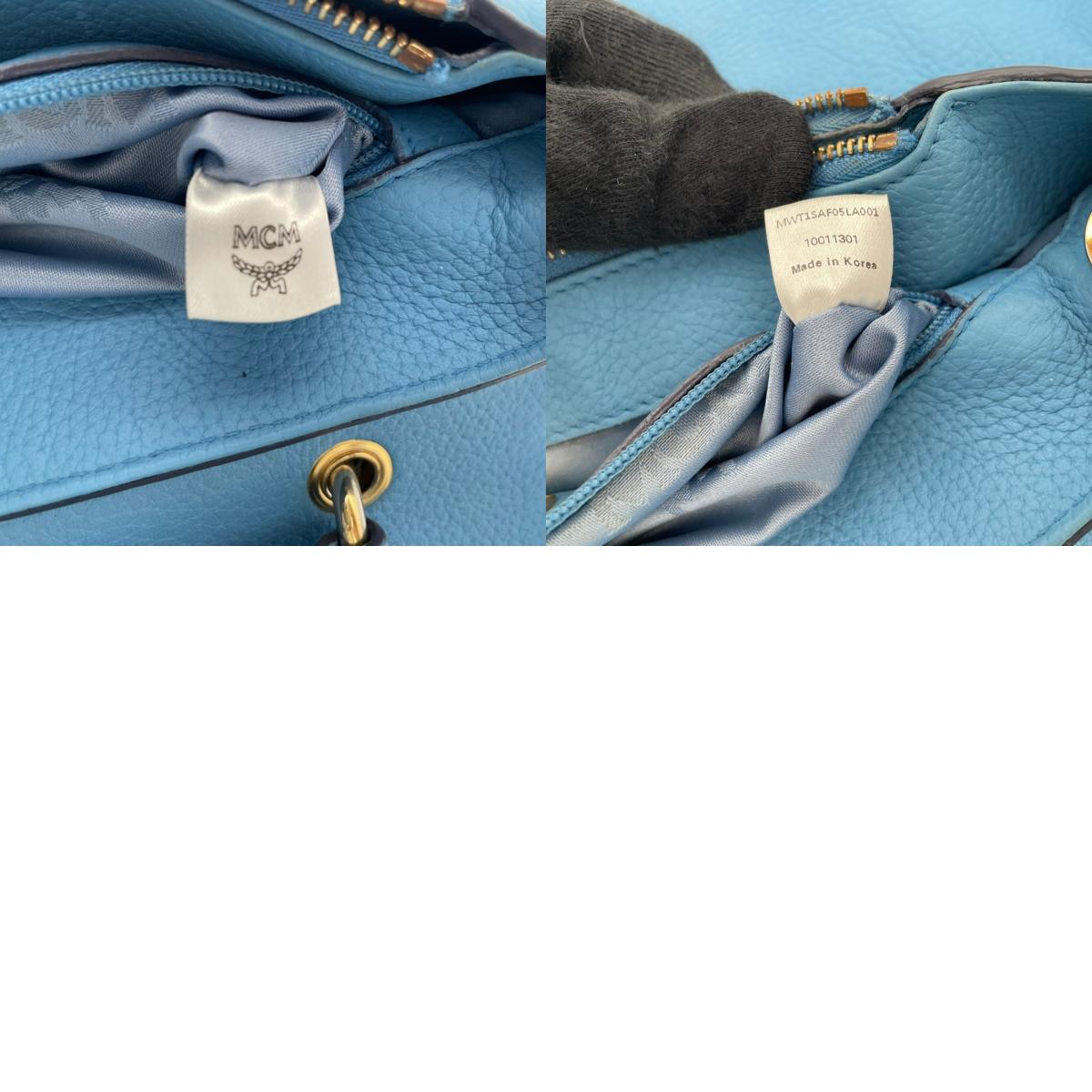 【美品】エムシーエム MCM 2way ハンドバッグ ショルダーバッグ 斜め掛け可 レザー 本革 水色 ライトブルー シルバー金具 ロゴプレート ヴィンテージ ビンテージ クラシック エレガント 上品 鞄 レディース お出かけ 通勤 通学 大容量 S68