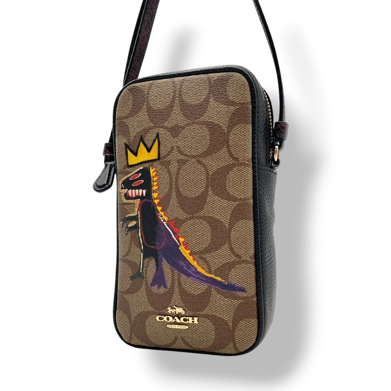 美品 コーチ COACH ショルダーバッグ スマホショルダー ミニバッグ シグネチャー キャンバス レザー ブラウン ブラック ゴールド金具 斜め掛け可 ノースサウス クロスボディ 縦型 ポーチ スリム エレガント クラシック レディース C5585 S54