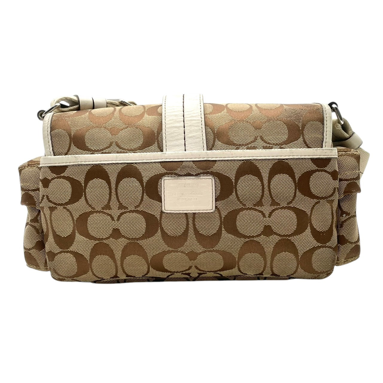 美品 コーチ COACH ショルダーバッグ 斜め掛け可 肩掛け シグネチャー キャンバス レザー 本革 ベージュ ホワイト 白 シルバー金具 ソーホー フラップ ヴィンテージ ビンテージ 希少 レア 鞄 レディース お出かけ 通勤 通学 6835 S54