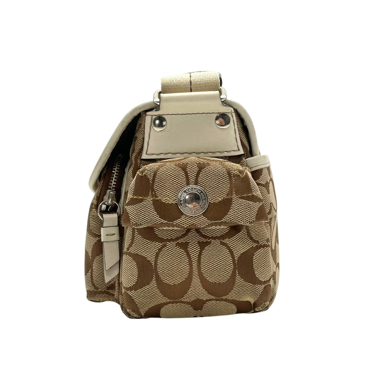 美品 コーチ COACH ショルダーバッグ 斜め掛け可 肩掛け シグネチャー キャンバス レザー 本革 ベージュ ホワイト 白 シルバー金具 ソーホー フラップ ヴィンテージ ビンテージ 希少 レア 鞄 レディース お出かけ 通勤 通学 6835 S54