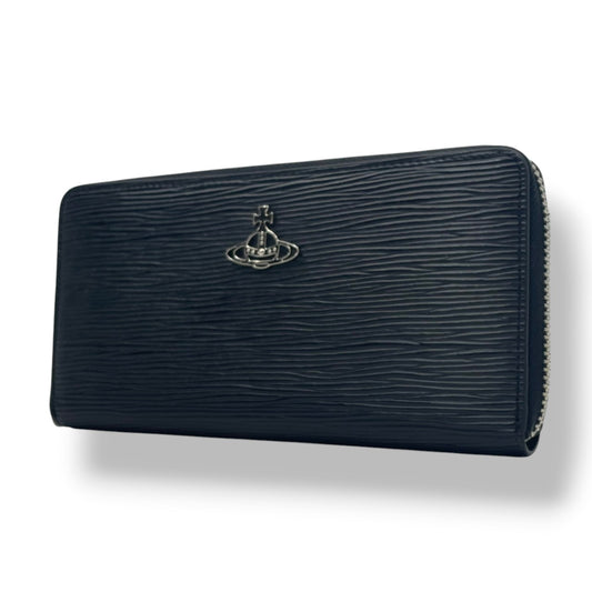 ヴィヴィアンウエストウッド　Vivienne Westwood　長財布　ラウンドファスナー　レザー　本革　黒　ブラック　エンボス　オーブ金具　シルバー金具　札入れ　小銭入れ　カード収納　クラシック　上品　メンズ　レディース　ユニセックス　M2